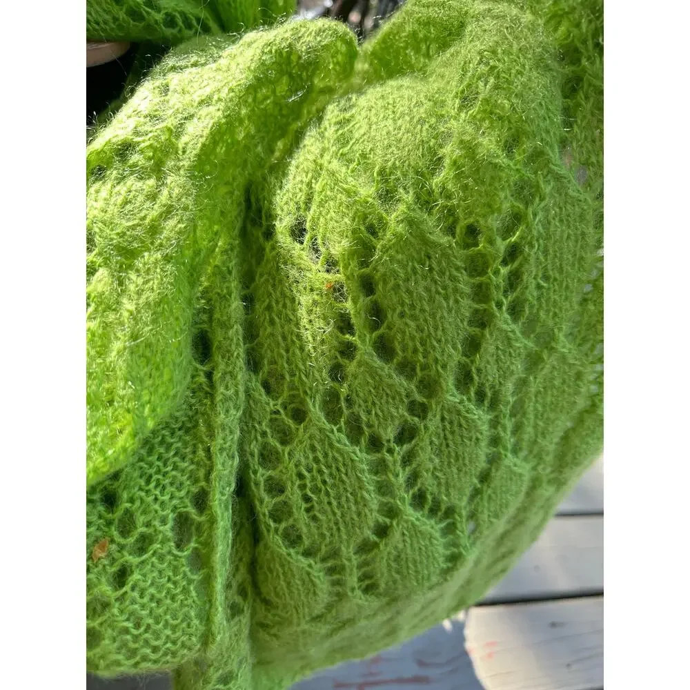 Mohair Wool Crochet Blanket lime green Hand Made Diamond Knit Throw 44x90” shawl